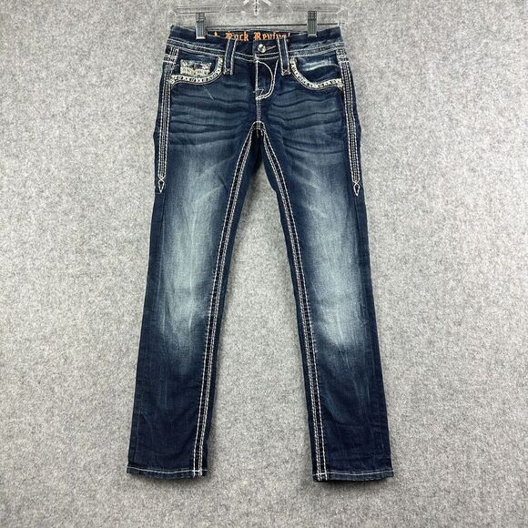 Rock Revival Meri Crop Jeans Womens 22 Dark Wash Faux Flap Embroidered Western - Picture 5 of 16